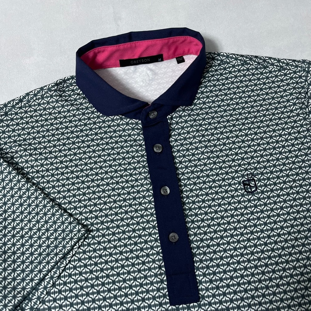 Greyson Polo Shirt Men Medium Green Blue Geometric Print Golf Logo